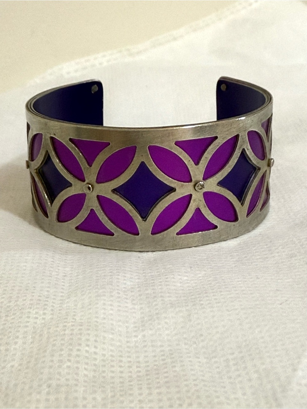 Two Tone Handmade Purple Floral Cutout Cuff Bracelet by Jewelry Artist GOGO - Picture 5 of 6